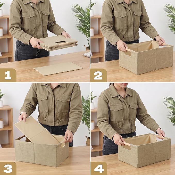Foldable Fabric Storage Cubes, Cloth Storage Baskets with Wooden Handles, Shelf Closet Organizer Bins, Rectangular Linen Storage Boxes for Decor, 16.5 x 12.2 x 6.7 Inches