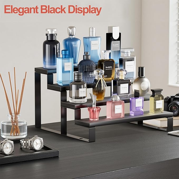 Boulphia 2 Set Black Cologne Organizer for Men, 12 Inch Cologne Stand 4 Tier Perfume Organizer for Dresser, Versatile Step Display Stand Shelf for Fragrance, Skincare, Figurine, Dessert (Wood & Metal)