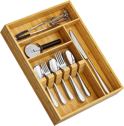 Yofidra Bamboo Silverware Organizer, 16.3″x12.24″x2.6″ Kitchen Utensil Drawer Organizer, Silverware Tray for Drawer with Fixed Slots for Spoons, Forks & Knives, Natural