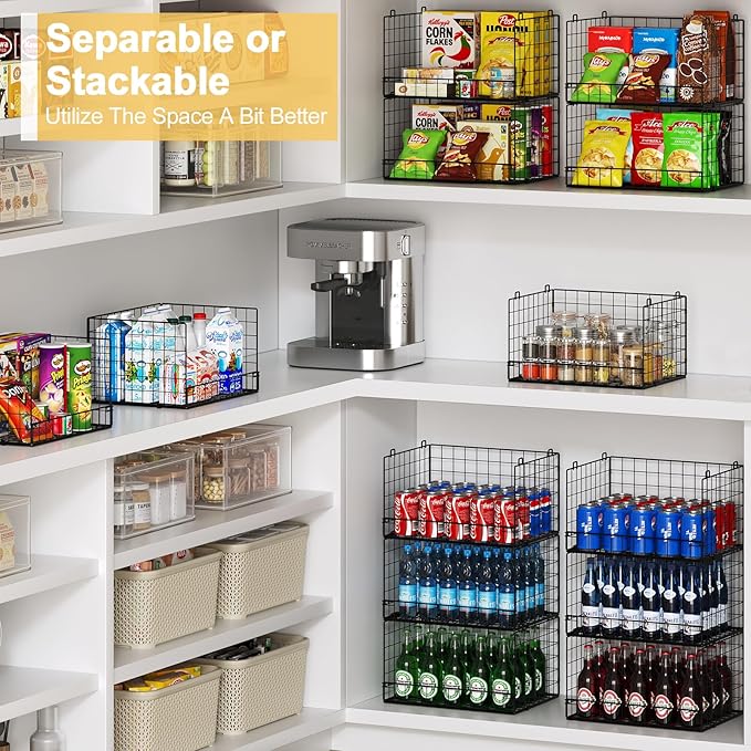 4 Pack Stackable Wire Baskets for Pantry Organizers and Storage, Large Pantry Basket for Snack Organizer, Foldable Fruit and Vegetable Storage Bin Store Can Onion Potato for Kitchen Cabinet/Countertop