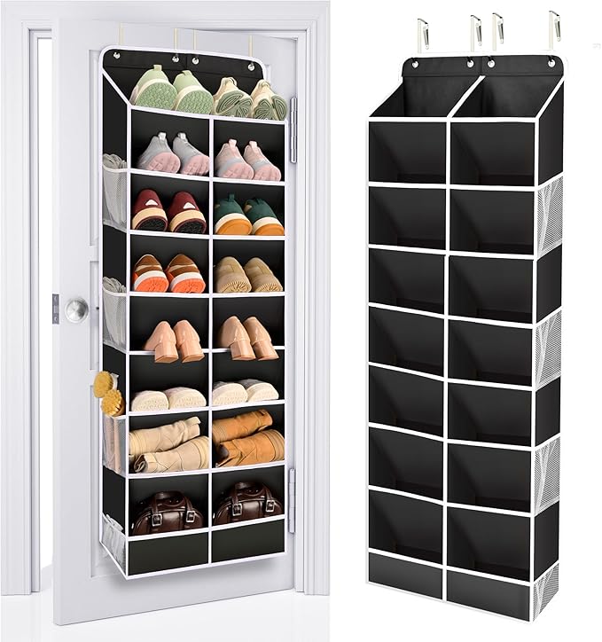 ULG Over The Door Shoe Organizer with 16 Large Pockets, Hanging Shoe Rack for Closet Door, Space Saving Shoe Storage for Boots, Heels & Sneakers, Black