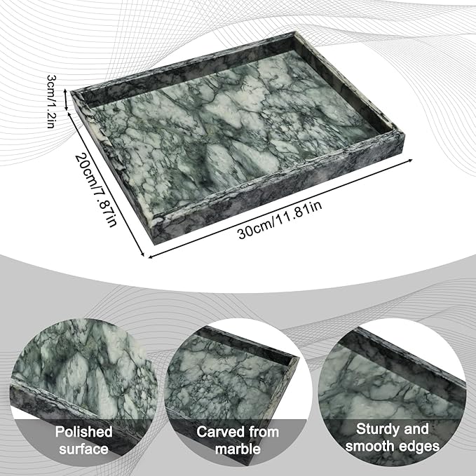 Pure Natural Marble Tray for Bathroom, Dresser, Sink. Cosmetics, toiletries, perfumes, Jewelry, Candles, etc. can be Placed (Lotus Green, 12" x 8" x 1.2")
