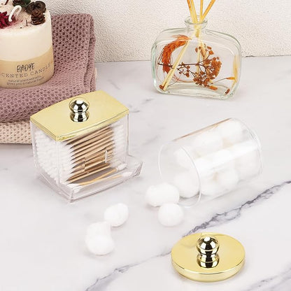 Tbestmax 2 Pack Qtips Dispenser - Bathroom Organizers and Storage Containers, Plastic Apothecary Jars with Gold Lids for Cotton Ball Swab Round Pads, Floss
