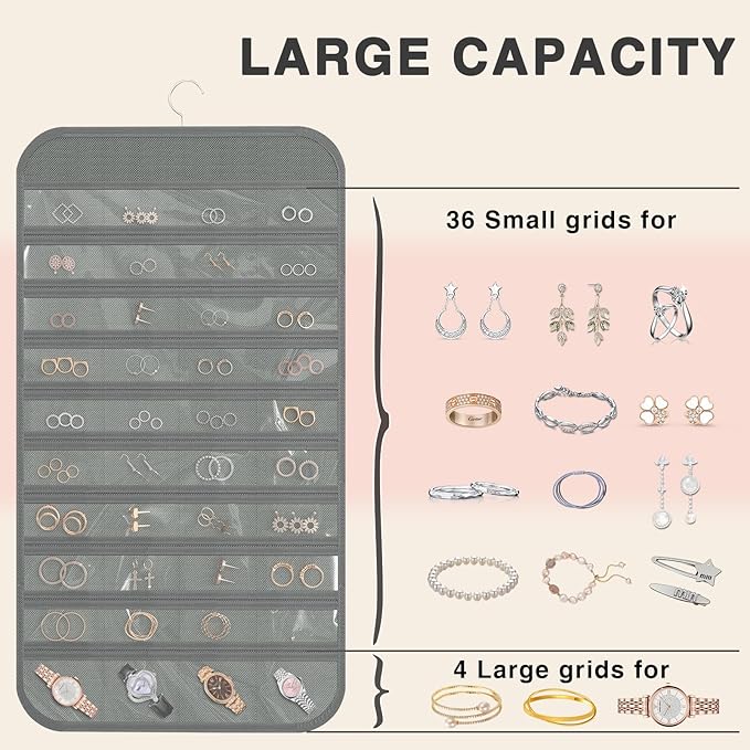 2-Pack Hanging Jewelry Organizer Storage, 40 Pockets 36 Hooks Necklace Earring Necklace Bracelet Ring Organizer, Double - Sided Design, Grey