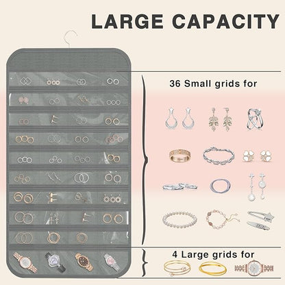2-Pack Hanging Jewelry Organizer Storage, 40 Pockets 36 Hooks Necklace Earring Necklace Bracelet Ring Organizer, Double - Sided Design, Grey