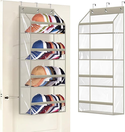 AOODA Clear Over the Door Hat Racks for Baseball Caps, Hold 48 Caps Hat Storage Organizer for Closet Wall, Deep Pockets Hanging Snapback Holder Shelves with 3 Hooks, Grey
