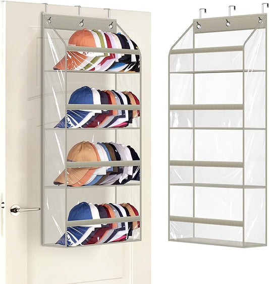 AOODA Clear Over the Door Hat Racks for Baseball Caps, Hold 48 Caps Hat Storage Organizer for Closet Wall, Deep Pockets Hanging Snapback Holder Shelves with 3 Hooks, Grey