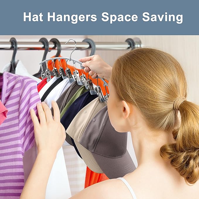 Yecuip Hat Hangers for Closet, Metal Hat Organizer for Baseball Caps 2 Pack Door Hat Racks for Baseball Caps w/ 10 Large Clips, Baseball Cap Hangers for Closet Storage, Fits All Caps