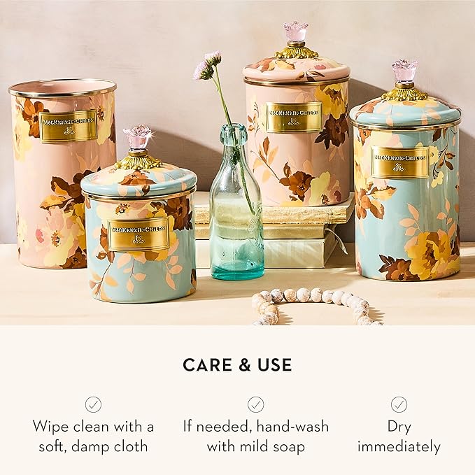MACKENZIE-CHILDS Enamel Utensil Holder, Stylish Kitchen Countertop Organizer, Wild Rose Mauve