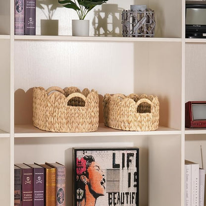 iEGrow Scalloped Wicker Basket, Set of 2 Hand-Woven Natural Rattan Baskets with Built-in Handles, Water Hyacinth Storage Oval Cute Baby Baskets for Nursery, Organizing, Decor and Shelves