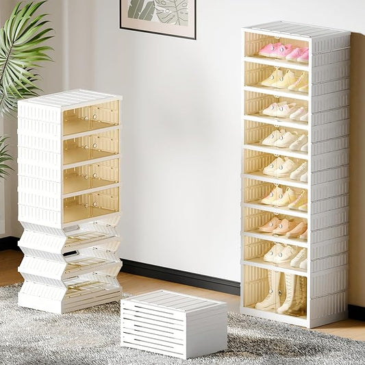 FLEXIMOUNTS Shoe Rack Organizer Storage Box 9 Tiers-18 Pairs, Tall Portable Folding Shoe Rack for Closet Entryway, Collapsible Shoe Cabinet with Magnetic Clear Door for Front Door Entrance