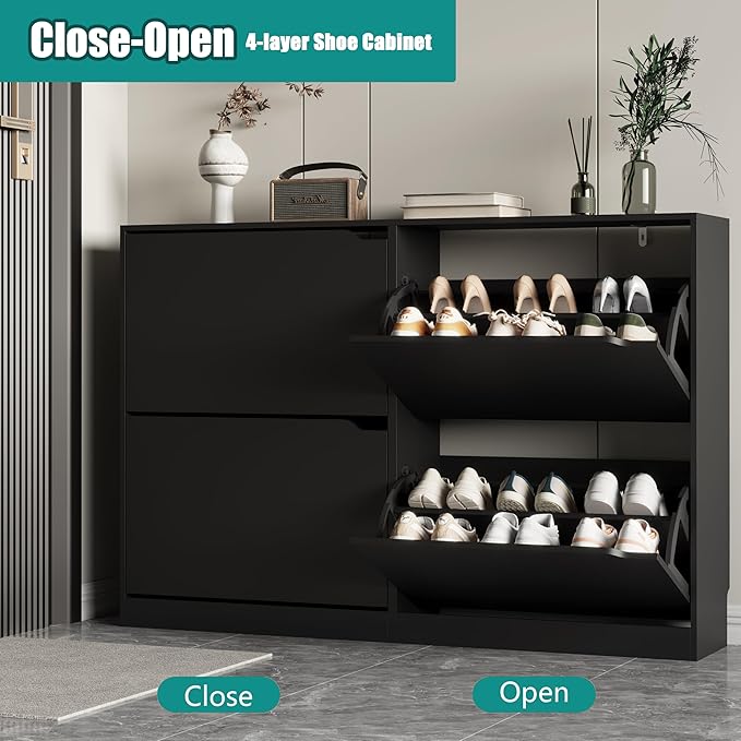 Xixini Shoe Storage Cabinet for Entryway with 4 Flip Drawers, Sturdy Wood Hidden Shoe Storage, Freestanding Narrow Slim Shoe Organizer for Front Door Entrance, Living Room, Hallway, Bedroom, Black