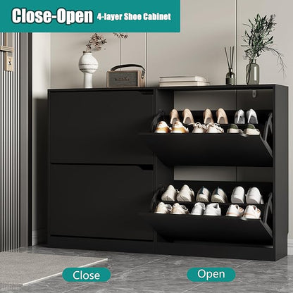 Xixini Shoe Storage Cabinet for Entryway with 4 Flip Drawers, Sturdy Wood Hidden Shoe Storage, Freestanding Narrow Slim Shoe Organizer for Front Door Entrance, Living Room, Hallway, Bedroom, Black