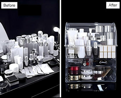 Clear Large Acrylic Makeup Organizer With Lid Cosmetic Storage Drawers Portable Makeup Organizers Dustproof And Waterproof Box For Women (14in)