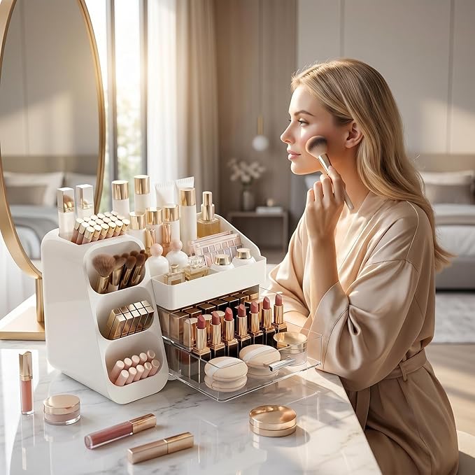 Makeup Organizer with Drawers, Large Cosmetic Display Cases for Skincare Organizers, Bathroom Organizers and Storage Countertop, Easy To Storage Skincare, Brushes, Lotions, Lipstick (White)