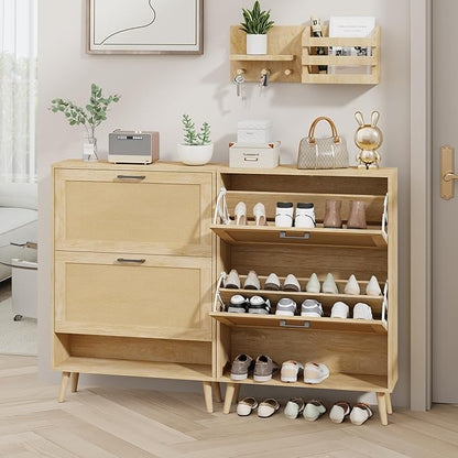 Gadroad Shoe Storage Cabinet with 2 Flip Drawers, Freestanding Shoe Organizer with Wood Legs, Farmhouse Rattan Shoe Rack for Entryway, Living Room, and Bedroom, Natural