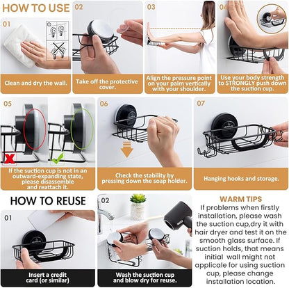 LEVERLOC Bar Soap Holder for Shower with Hoos, Suction Cup Soap Dish Rustproof Stainless Steel for Bathroom Accessories, Sponge Saver Black
