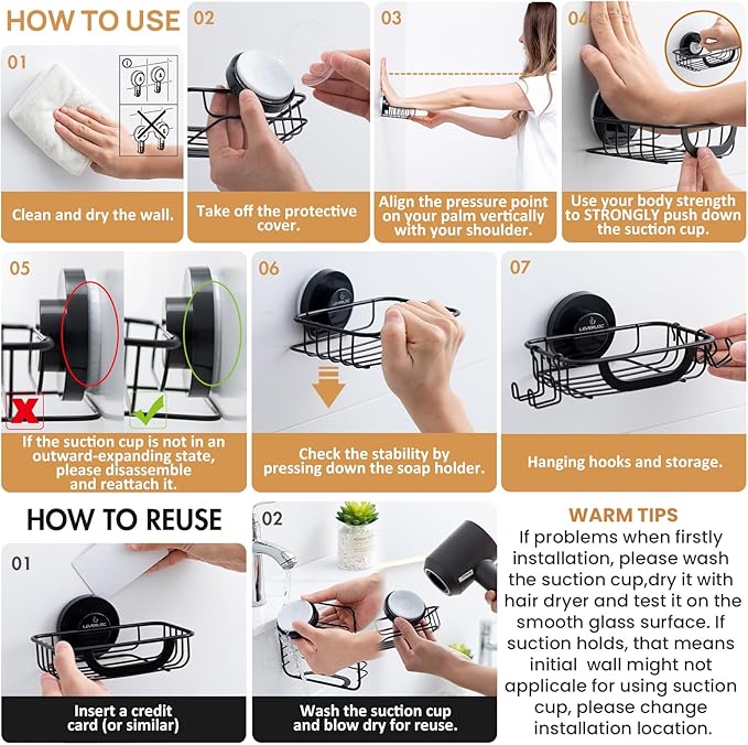 LEVERLOC Soap Holder Shower with Hooks, Bar Suction Cup Soap Dish Tray for Wall, Rust-Proof Stainless Steel Sponge Caddy for Bathroom Accessories Organizer Bathtub Kitchen Sink, Black