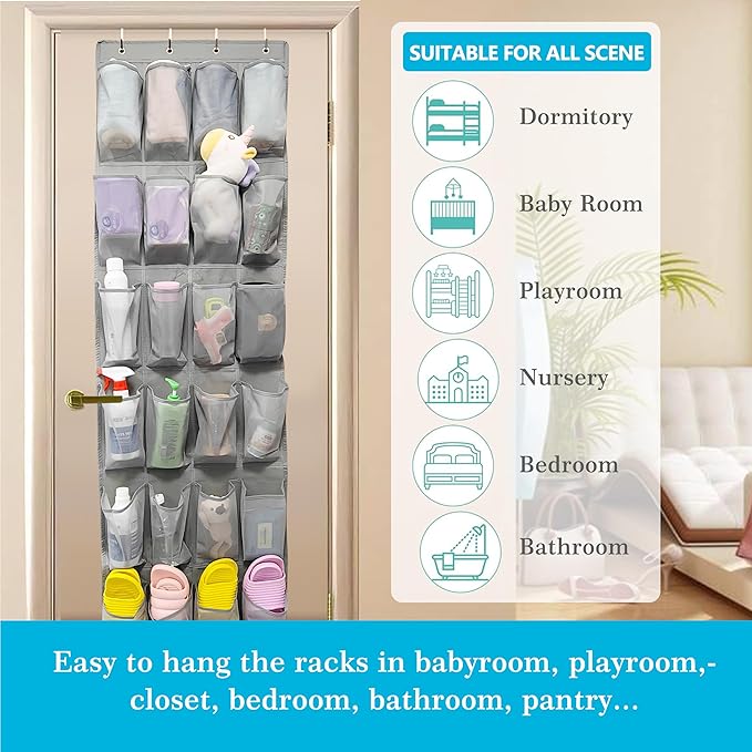 Over The Door Shoe Organizers with 24 Mesh Pockets Shoe Organizer Storage Hanging Shoe Organizer Shoe Holder for Rack (Grey)