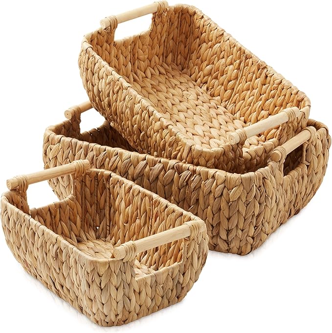 Casafield Set of 3 Water Hyacinth Oval Storage Baskets with Wooden Handles - Small, Medium, Large - Woven Nesting Basket Organizers