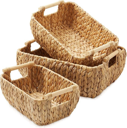 Casafield Set of 3 Water Hyacinth Oval Storage Baskets with Wooden Handles - Small, Medium, Large - Woven Nesting Basket Organizers