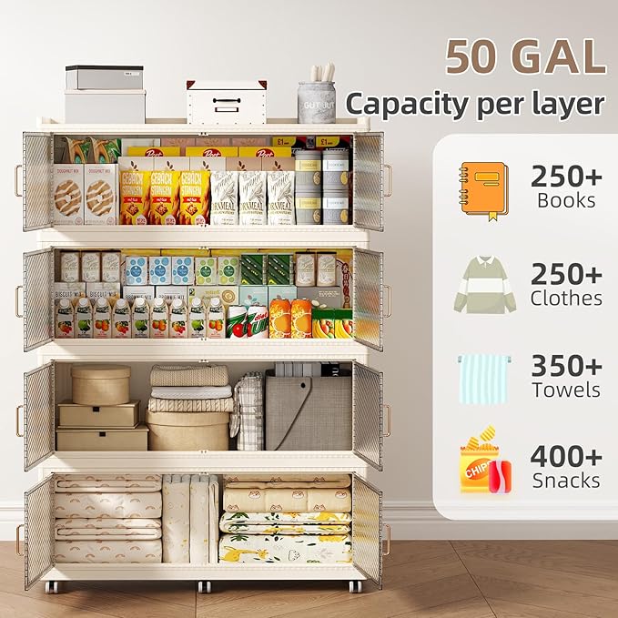 SAILUN 320Gal Extra Large Stackable Storage Bins with a Lid, Collapsible Storage Bins With Doors and Wheels, Foldable Storage Cabinet for Garage Closet Organization, Beige, 4Pack 39.4" W