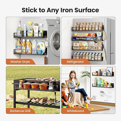 Mystozer 16.9 Inch Wide Large Capacity Magnetic Spice Rack for Refrigerator,6 Pack Metal Fridge Shelf Spice Rack Organizer Refrigerator Organizer Kitchen Spice Organizer Spice Storage(Black)