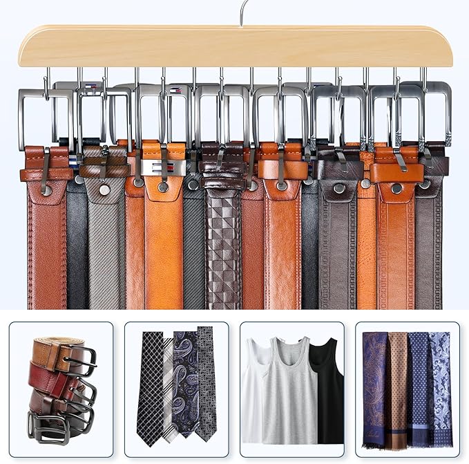 Belt Hanger for Closet Max 42 Belts, Sturdy Wood Belts Rack Closet Accessories with 14 Hooks Belt Organizer for Men Organizers and Storage -Wood 1 Pack
