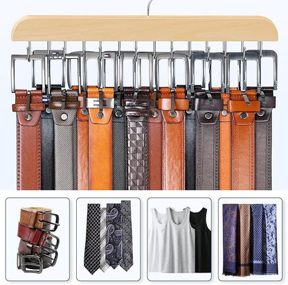Belt Hanger for Closet Max 42 Belts, Sturdy Wood Belts Rack Closet Accessories with 14 Hooks Belt Organizer for Men Organizers and Storage -Wood 1 Pack