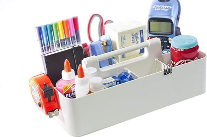 New Plastic Portable Makeup Organizer Caddy Tote Divided Basket Bin with Handle, for Bathroom Storage - Holds Blush Makeup Brushes, Eyeshadow Palette, Lipstick - Extra Large Made In USA (Ivory)