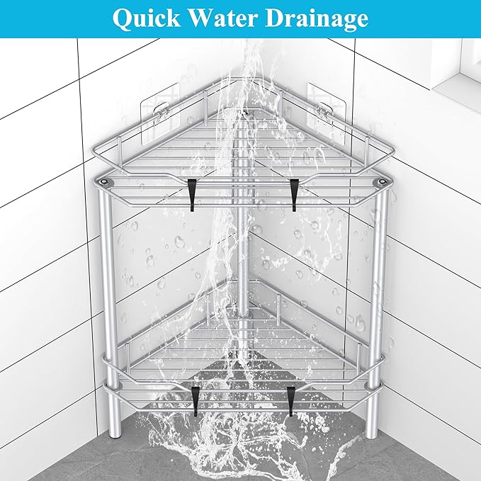 HuggieGems 2 Tier Floor Standing Corner Shower Caddy Organizer Shelf with Hooks, Bathroom Shelves Stand Rack, Silver