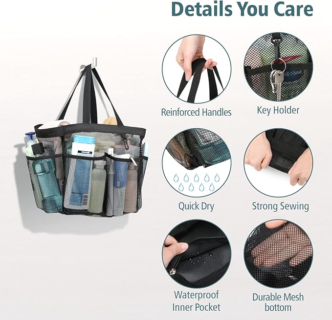 F-color Mesh Shower Caddy Portable, X Large 7 Deeper Pockets Shower Bag Basket Tote for College Dorm Room Bathroom Essentials Gym Camp Quick Dry 2 handles with S Hook, 2 Pack Black