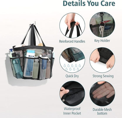 F-color Mesh Shower Caddy Portable, X Large 7 Deeper Pockets Shower Bag Basket Tote for College Dorm Room Bathroom Essentials Gym Camp Quick Dry 2 handles with S Hook, 2 Pack Black