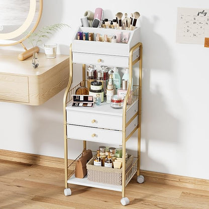 SWTYMIKI Rolling Makeup Organizer Cart - Floor Skincare Storage with Non-woven Drawers, Vanity Organizer Cosmetic Display Cases with Wheels, Cabinet for Skin Care Perfume Nail Polish Brush Hair Tool