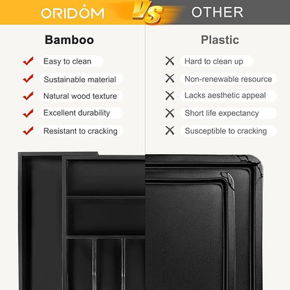 Large Premium Bamboo Silverware Organizer - Expandable Drawer Organizer & Utensil Organizer - 17"x19.7" Cutlery Tray with Dividers for Kitchen Utensils and Flatware (7-9 Slots) (Black)