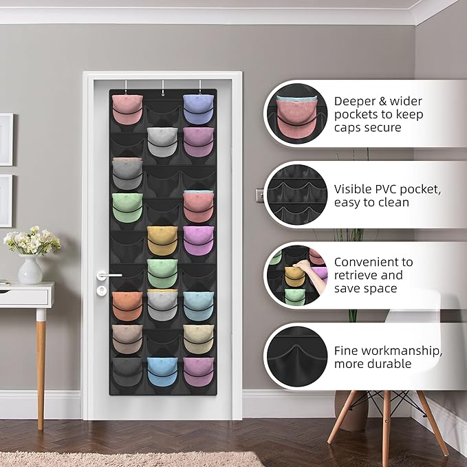 Hat Organizer Racks for Baseball Caps, 27 Deeper Pockets Baseball Hat Rack, Cap Rack, Hat Rack for Door with 3 Hooks