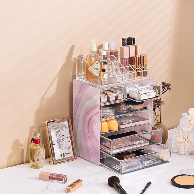 Sorbus Acrylic Makeup Organizer Set, 6-Drawer Vanity & Countertop Cosmetic Storage with Small & Wide Compartments, Tie Dye Makeup Storage for Brushes, Jewelry – Holiday Gift for Women & Teens
