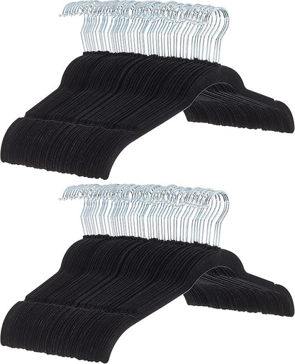 Amazon Basics Space Saving Slim Velvet Non-Slip Clothes Hangers for Closet Organization, Black, 100-Pack