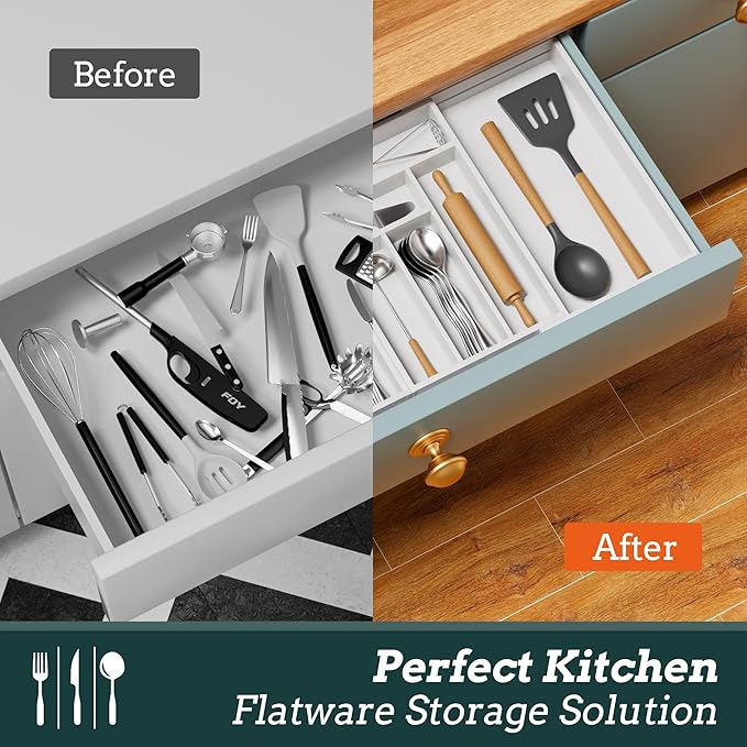 Silverware Organizer Large, Magnetic Connected Expandable 13 Slots Silverware Drawer Organizer from 21 to 37.4 Inches, Adjustable Flatware and Cutlery Holder, Bamboo Utensil Tray for Kitchen White