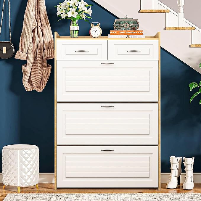 Vibe & Dine Shoe Cabinet with 3 Large Flip Drawers & 2 Storage Drawers, Narrow Shoe Organizer Cabinet Fits for Kinds of Shoes, Slim Shoe Storage Cabinet for Entryway, Hallway, Bedroom, Natural Wood
