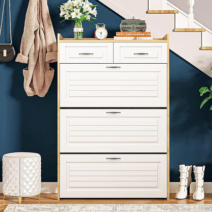 Vibe & Dine Shoe Cabinet with 3 Large Flip Drawers & 2 Storage Drawers, Narrow Shoe Organizer Cabinet Fits for Kinds of Shoes, Slim Shoe Storage Cabinet for Entryway, Hallway, Bedroom, Natural Wood