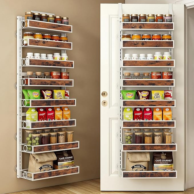 8 Tier Over The Door Pantry Orangizer 2 IN 1 Wall Mounted or Hanging Spice Rack with Adjustable Wood Basket,Heavy Duty Seasoning Storage Shelf for Kitchen Pantry and Bathroom