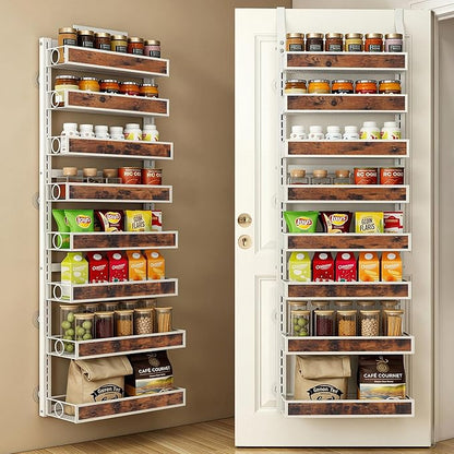 8 Tier Over The Door Pantry Orangizer 2 IN 1 Wall Mounted or Hanging Spice Rack with Adjustable Wood Basket,Heavy Duty Seasoning Storage Shelf for Kitchen Pantry and Bathroom