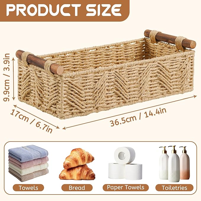 Bathroom Baskets for Organizing with Handle Decorative Basket for Bathroom Countertop Storage Toilet Paper Storage Basket for Toilet Tank Top Small Baskets Set,Beige