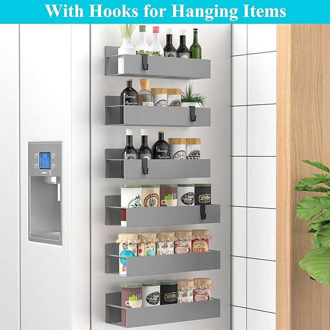 HuggieGems 6 Pack Magnetic Spice Storage Rack Organizer for Refrigerator and Oven, Gray Fridge Organizers and Storage