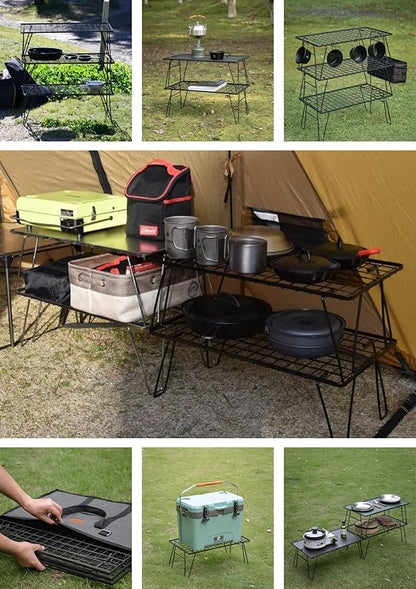 CAMPINGMOON Camping Mesh Rack 2 Pack Folding Camp Storage Shelf Lightweight Portable Black Steel Outdoor Kitchen Gear Organizer Carry Bag Included T-235-2T