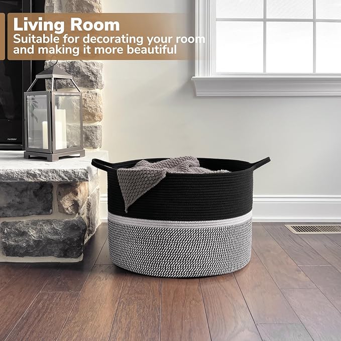 CHICVITA Extra Large Laundry Basket, Woven Rope Blanket Basket for Towels, Clothes, Toy Storage, Pillow Basket for Living Room, Family Room, 22 x 22 x 14 inches, Black