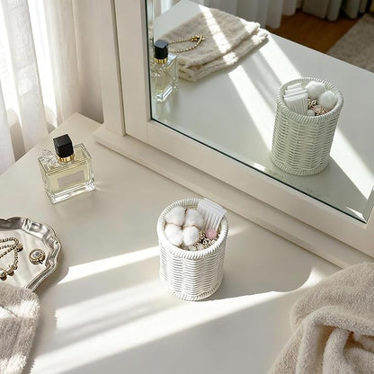 Rattan Jars, Rattan Desk Organizer, Bathroom Essentials Accessories Decor, Vanity Makeup Storage Organizer, for Cotton Balls, Pads, Floss Picks-Minimalist Decor , White(DP053)