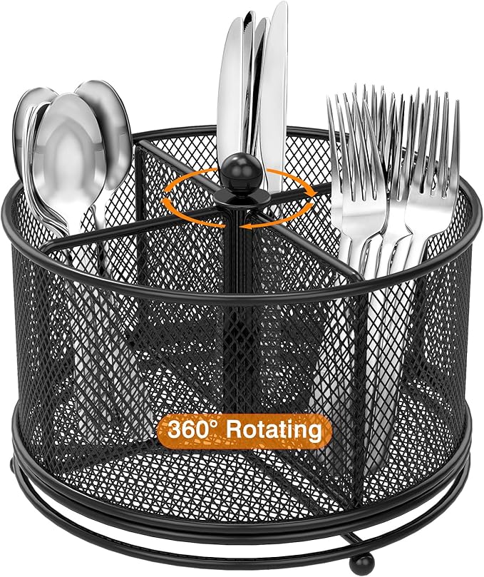 360° Rotating Metal Utensil Caddy, 4 Compartment Silverware Cutlery Holder, Effortless Access Fork Spoon, Silverware Holder for Party Countertop Buffet Picnic Camping Outdoor (Black)