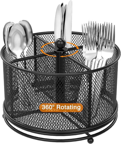 360° Rotating Metal Utensil Caddy, 4 Compartment Silverware Cutlery Holder, Effortless Access Fork Spoon, Silverware Holder for Party Countertop Buffet Picnic Camping Outdoor (Black)